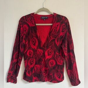 Jones New York Signature large cardigan red and black peacock design v-neck